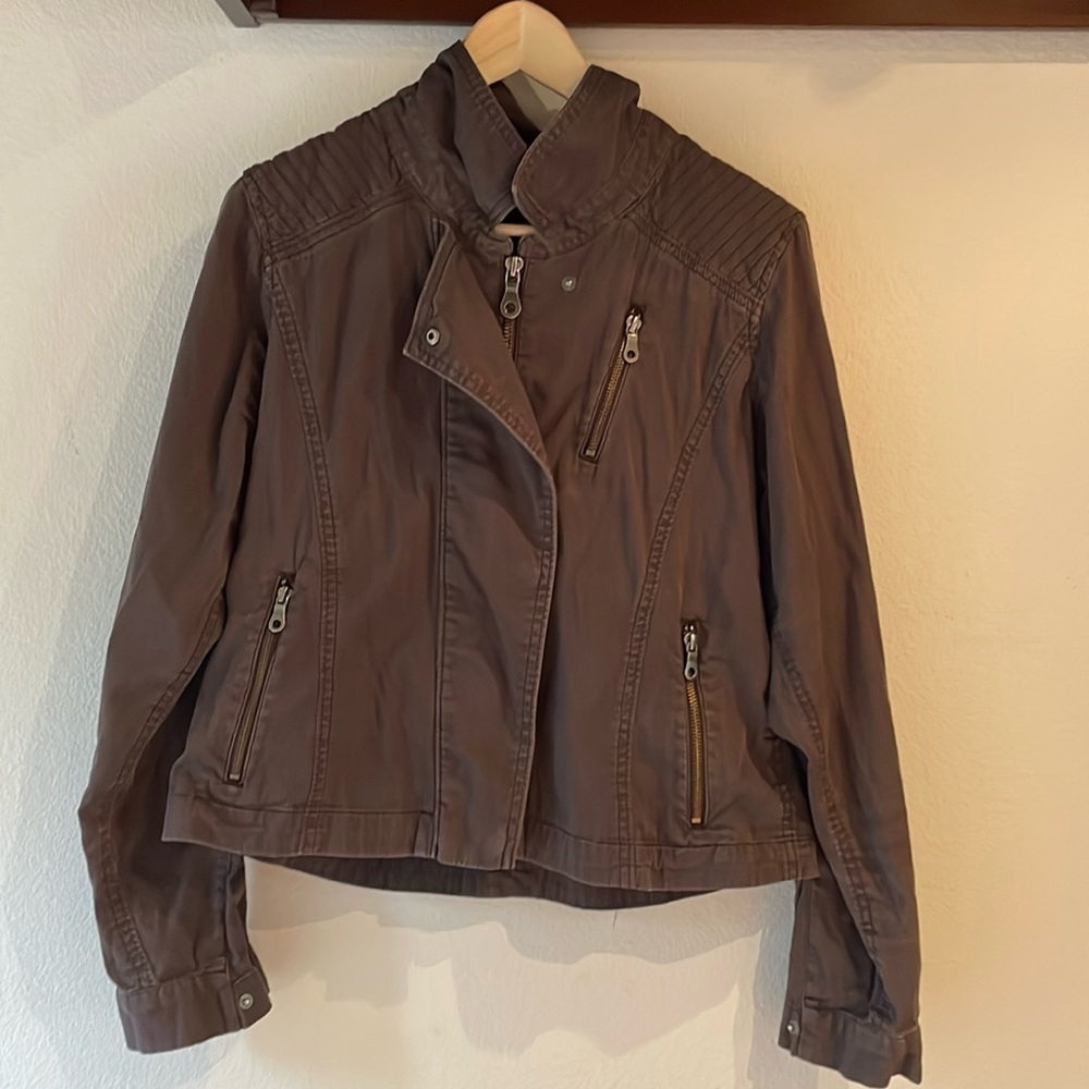 Athleta Cutie Crop Vintage Moto Jacket, Zip up with Snaps, Faded Black, Size M